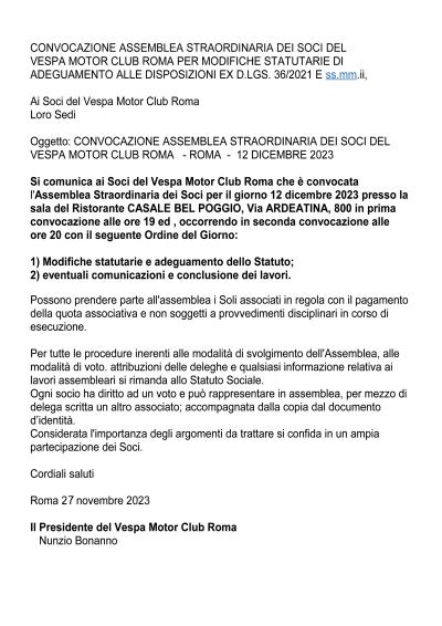 Convocazione ASSEMBLEA  STRAORDINARIA SOCI